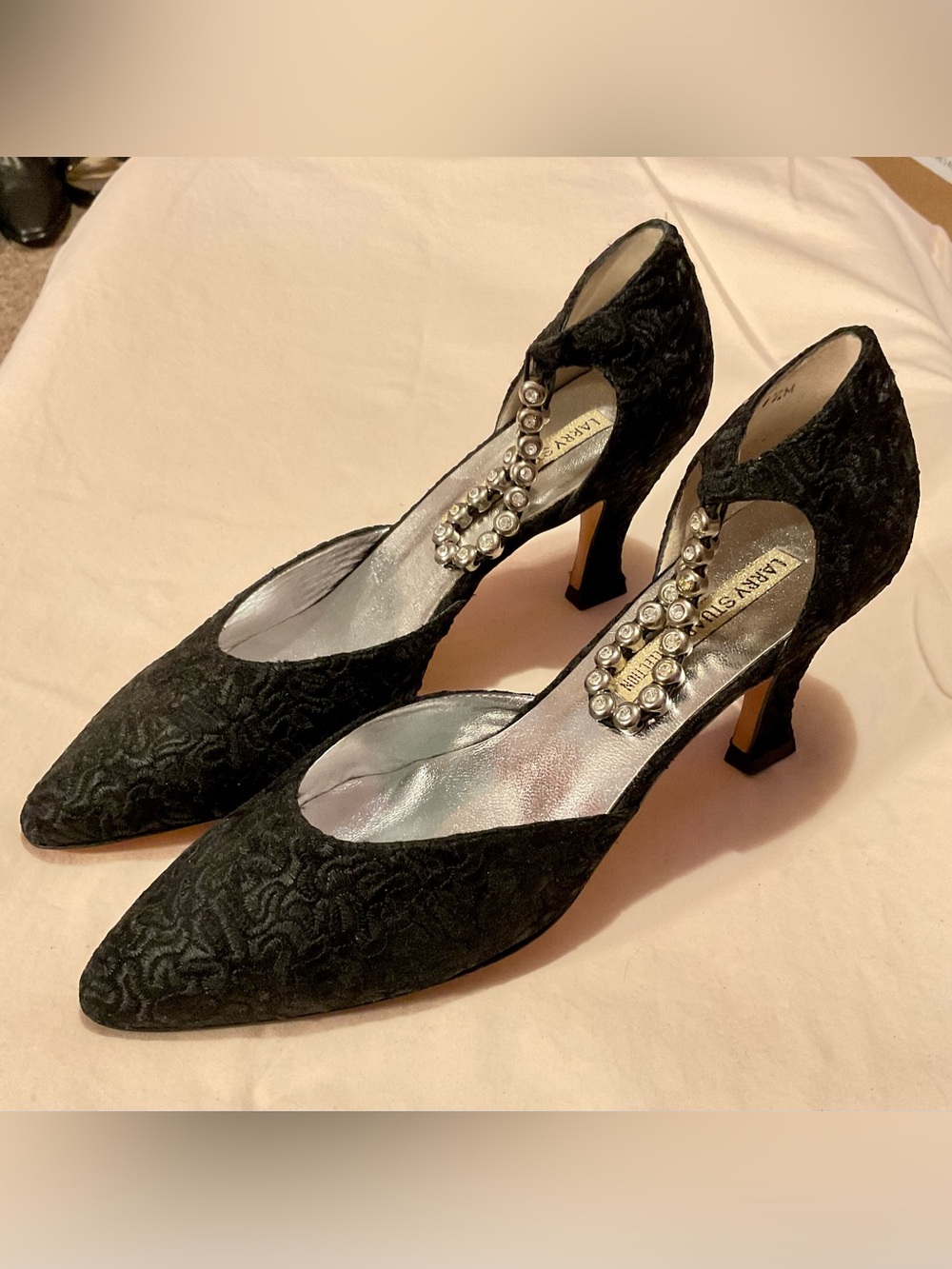 Larry Stuart Vintage Black Lace D’Orsay Heels with Rhinestone Ankle Strap